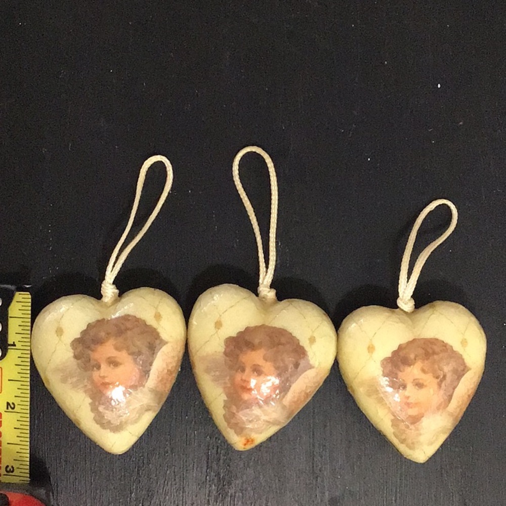 3 Vintage Paper Mache Ornaments Heart Shaped Angel -Taiwan Mother of Pearl color